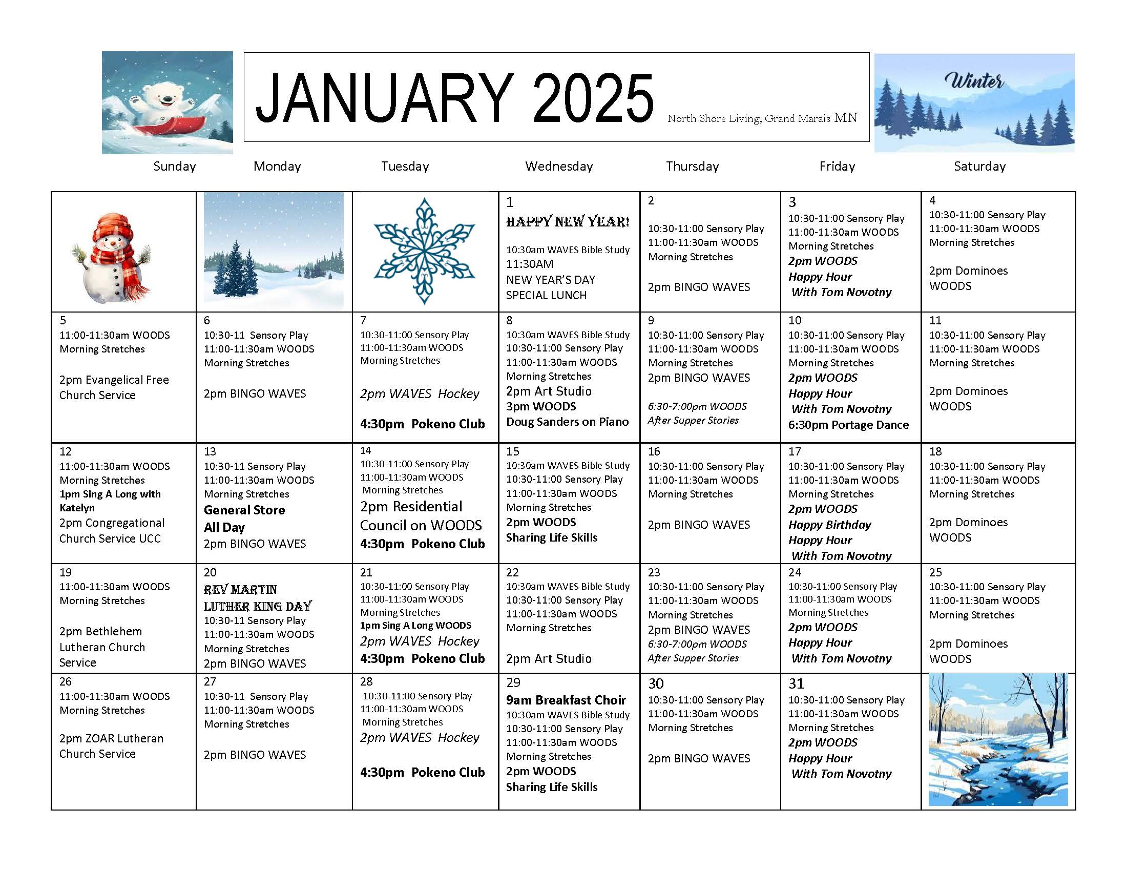 January 2025 Activities Calendar